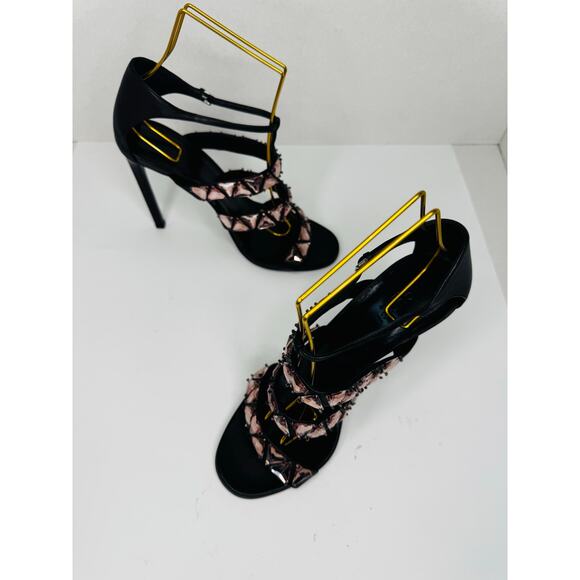 GUCCI Charlotte Black Leather Pink Crystal Jeweled Strappy Sandals Pump EU 39.5 - Picture 9 of 11